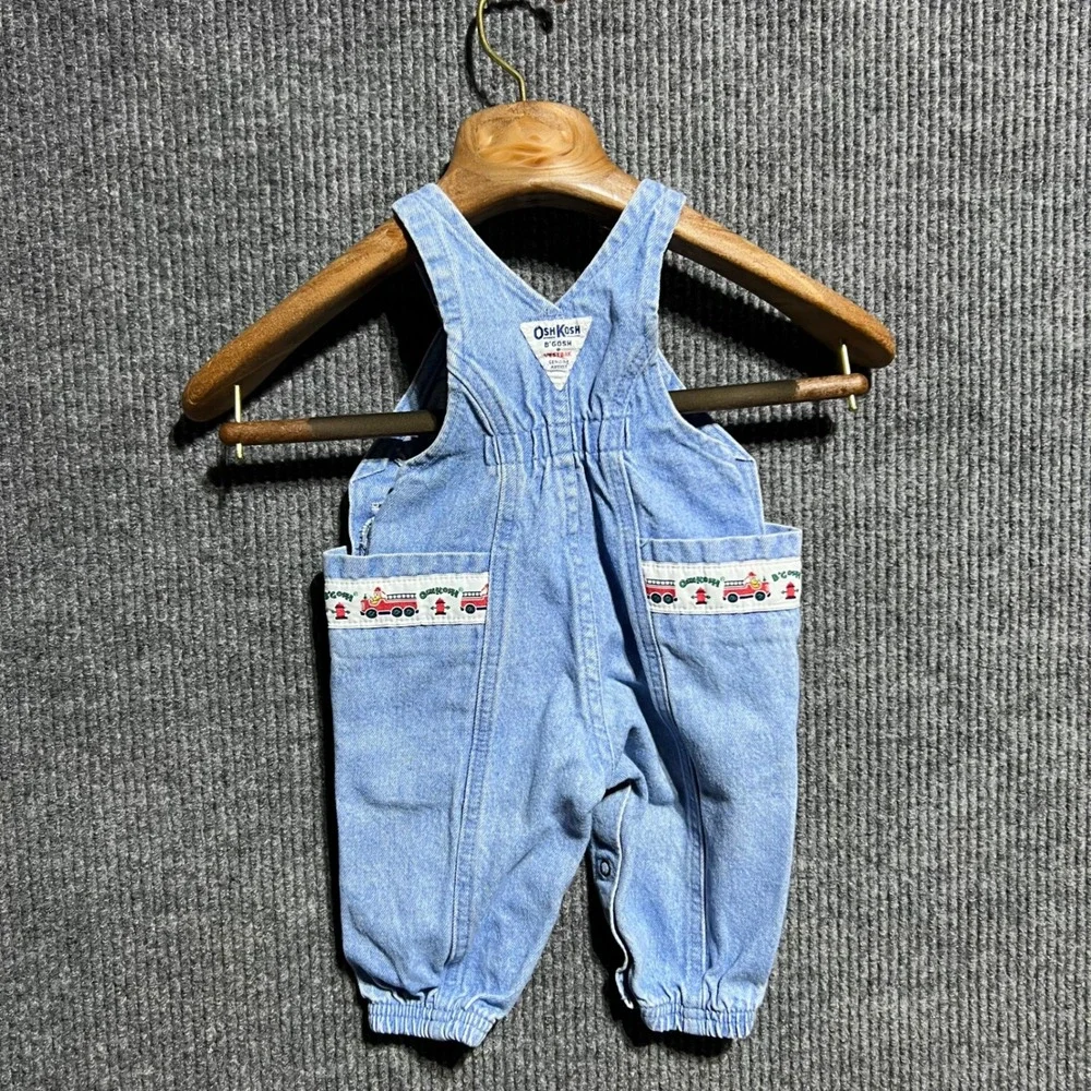 Vintage OshKosh B Gosh Overalls Kids 12-18M Blue Fire Truck Denim Bib USA Made